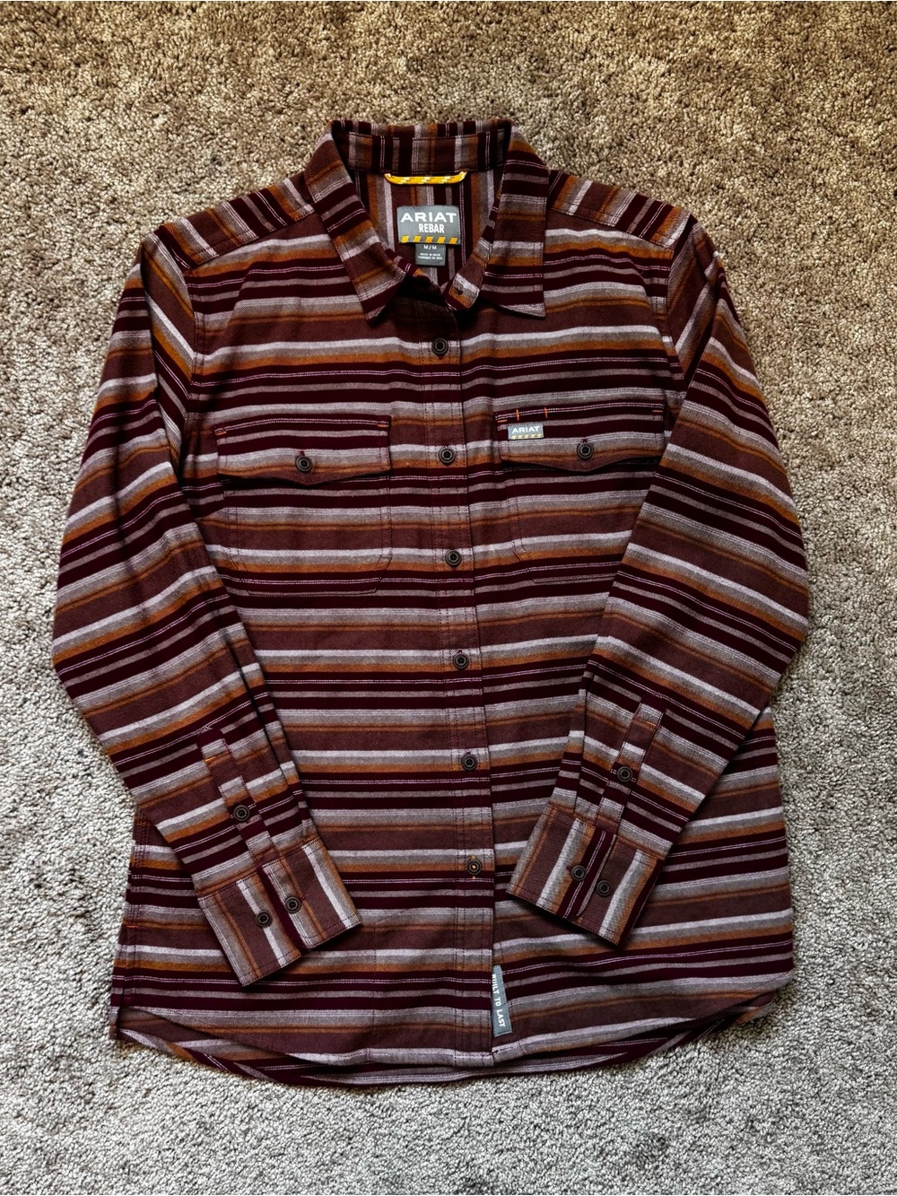Ariat Rebar Men’s M Long Sleeve Striped Button-up Shirt w/ Pockets Burgundy
